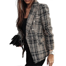 (M-Cachi scuro) Blazer da donna doppiopetto con stampa scozzese, risvolto, maniche lunghe, cardigan