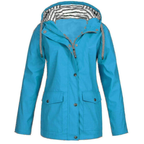 (M, Blue) Plus Size Women's Solid Rain Jacket - Waterproof Hooded Raincoat