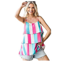 (XL-Blu-rosa) Canotta casual con stampa a righe da donna