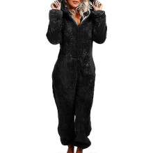 (S-Negro) Mono de invierno para mujer, suave y esponjoso, con capucha, de forro polar.
