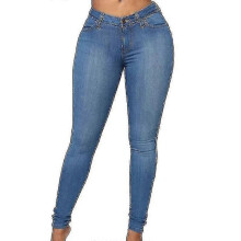 (M-Blå) Dam skinny jeans med hög midja och stretch