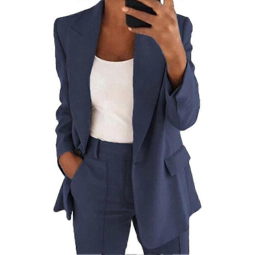 (S, Dark Blue) Womens 2pce Light Suit Blazer+trousers