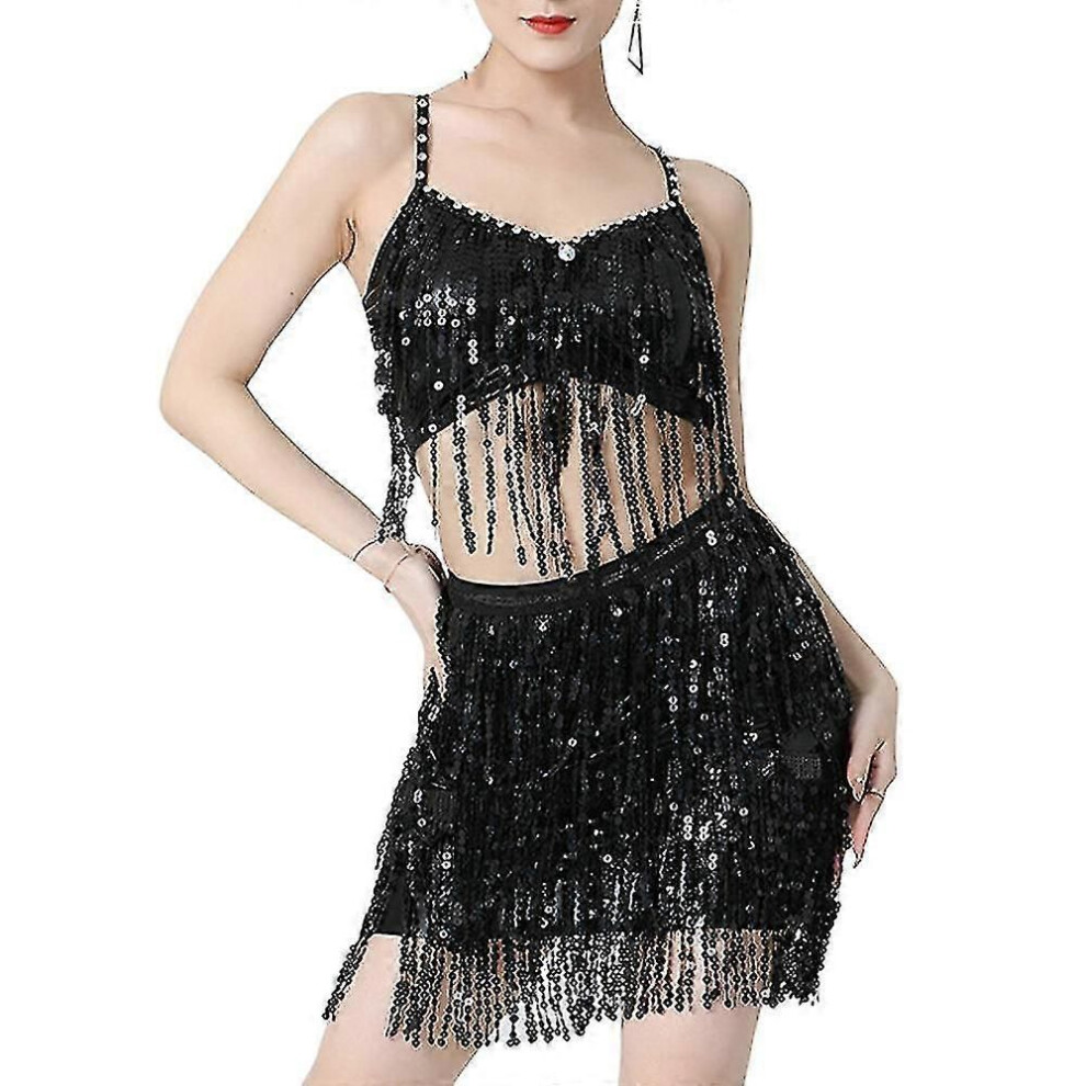Black (L, ) Women's Latin Belly Dance Costume Padded Bra Top & Hip Scarf With Sequin Fringe Halloween Dance Outfit