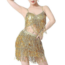 (XL-dorato)Costume da danza del ventre latina da donna con reggiseno imbottito e foulard sui fianchi