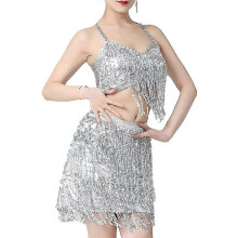 (XL-argentato)Costume da danza del ventre latina da donna con reggiseno imbottito e foulard sui fianchi