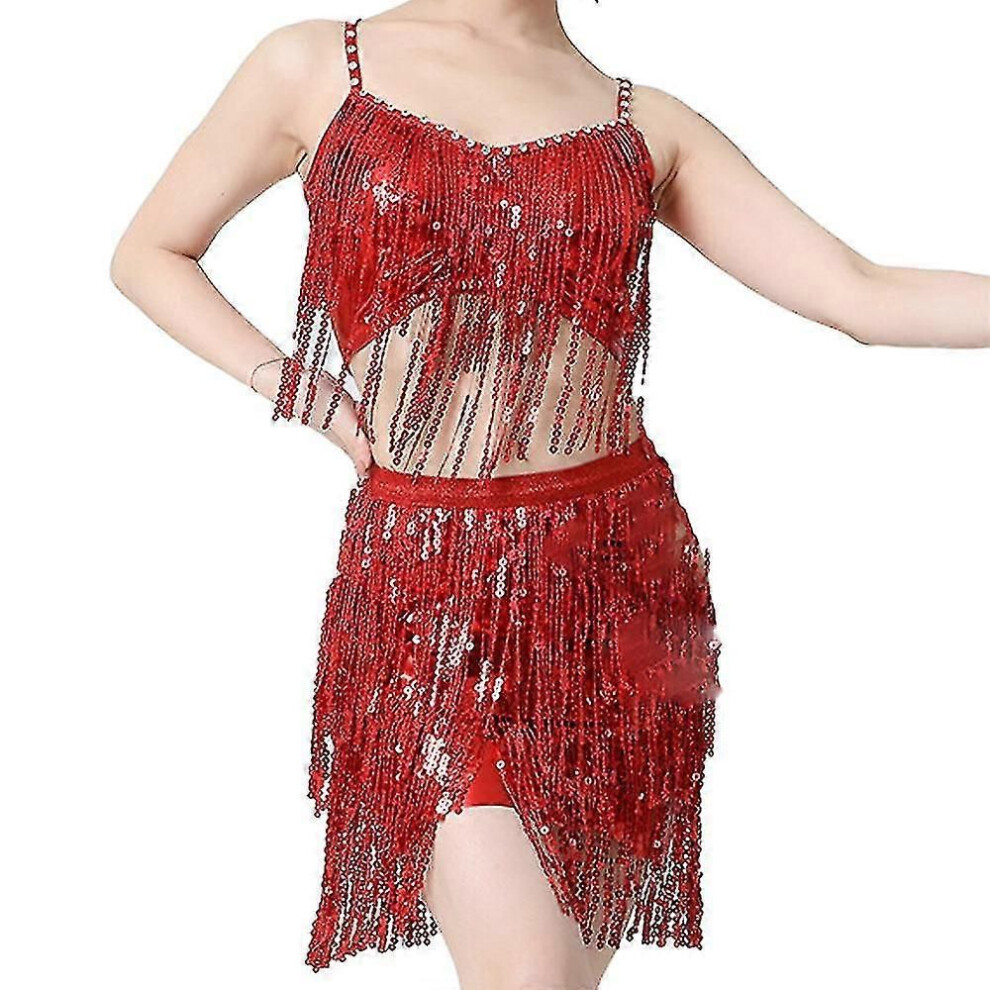 Red (M, ) Women's Latin Belly Dance Costume Padded Bra Top & Hip Scarf With Sequin Fringe Halloween Dance Outfit