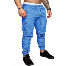 (2XL-Himmelsblå) Herrbyxor med dragsko och resår i midjan, casual långbyxor