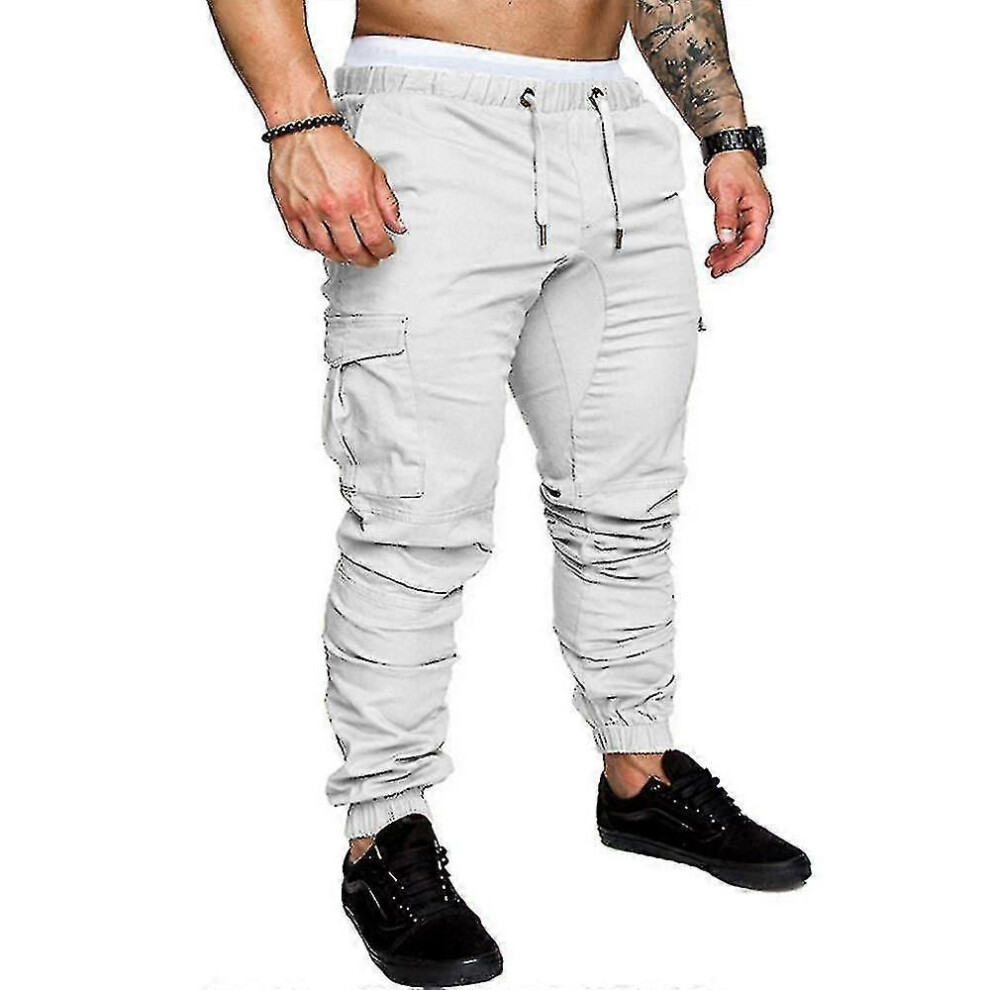 (L, White) Mens Drawstring Elastic Waist Combat Cargo Pants Casual Long Trousers Bottoms-image-OPC-PJG5F55-NEW