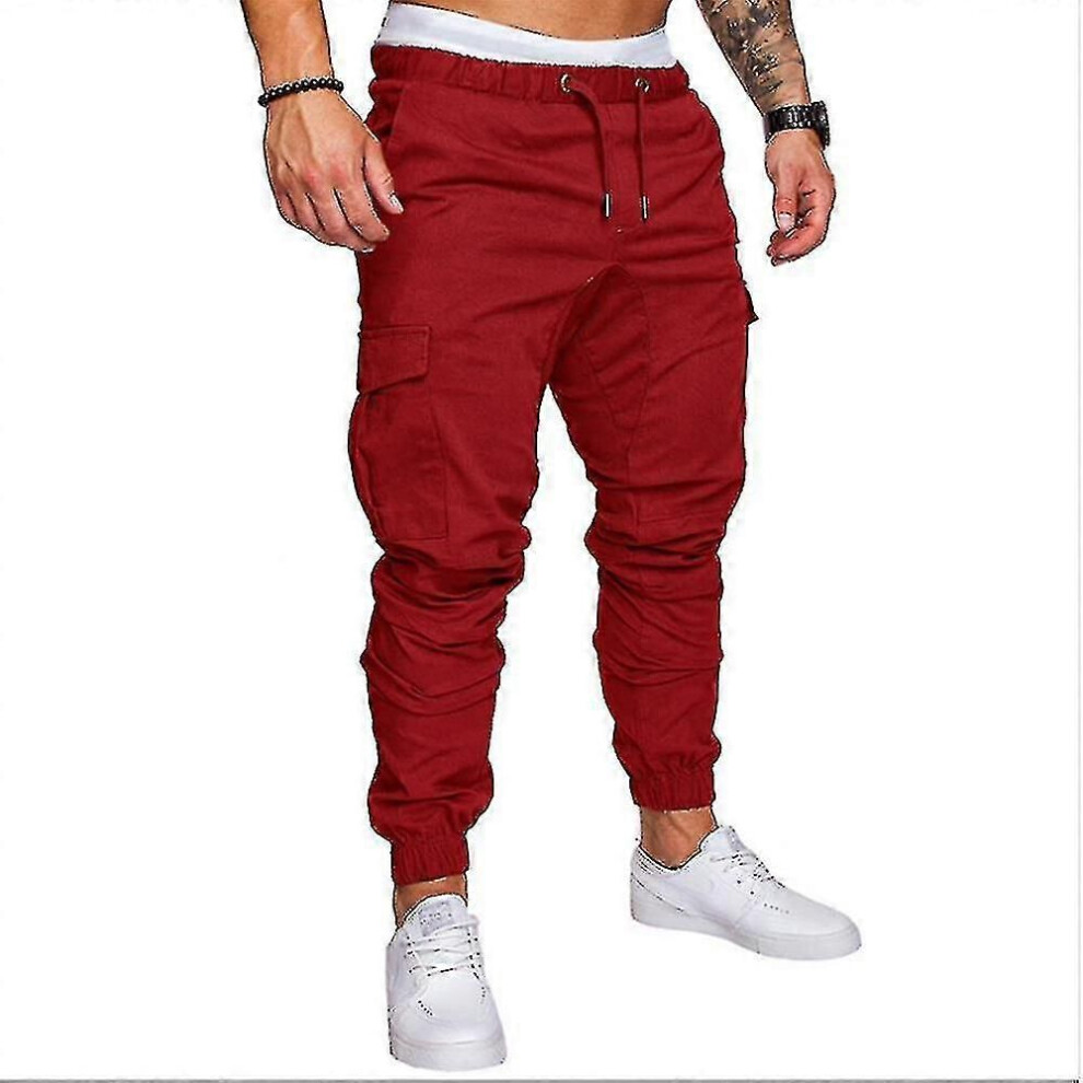 (L, Wine Red) Mens Drawstring Elastic Waist Combat Cargo Pants Casual Long Trousers Bottoms-image-OPC-PJG5F56-NEW
