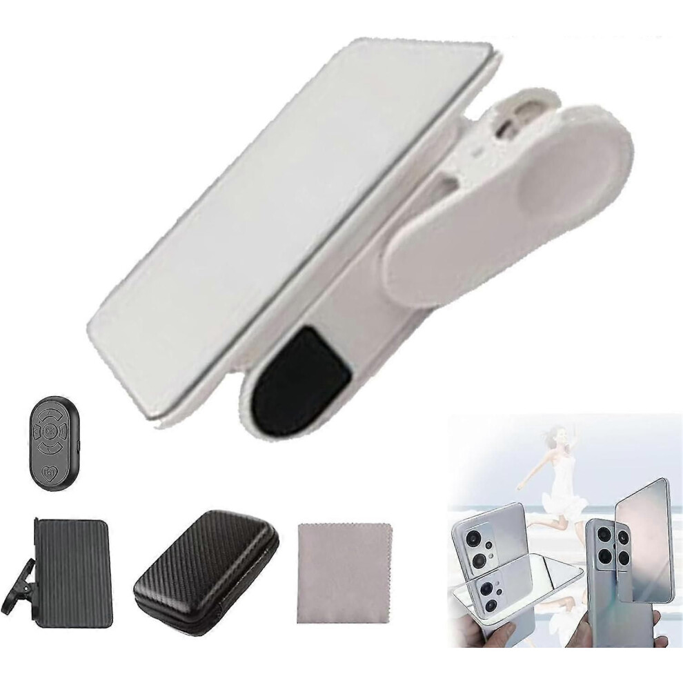 (White - with remote) Smartphone Camera Mirror Reflection Clip Kit, Mobile Phone Reflection Camera Clip Selfie Reflector,