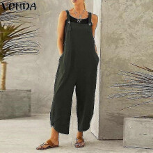 (M-Grön) Dam Sommar Höst Dungarees Cami Topp Knappar Overaller Baggy Jumpsuit Playsuit Fickor