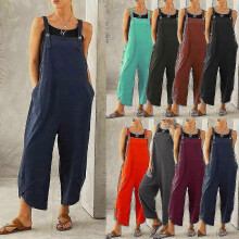 (5XL-Svart) Dam Sommar Höst Dungarees Cami Topp Knappar Overaller Baggy Jumpsuit Playsuit Fickor