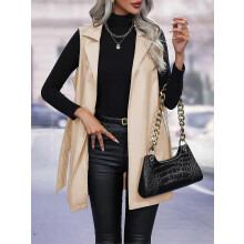 Chaleco de piel sintética para mujer (M-Beige) con cinturón, estilo abierto por delante.