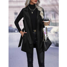 Chaleco de piel sintética para mujer (XL-Negro) con cinturón, estilo abierto por delante.