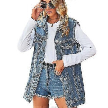(L-Bleu) Gilet en jean oversize sans manches pour femme