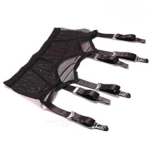(Nero) Allacki Sheer Mesh 6 cinghie reggicalze nero con bordo in pizzo lingerie sexy QSN