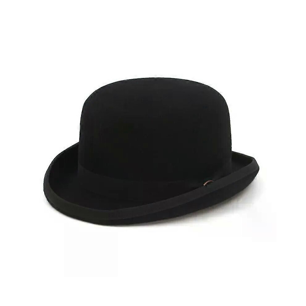 (M(57CM)) )100% Wool Felt Black Derby Bowler Hat for Men Women Satin Lined Fashion Party Formal Fedora Costume