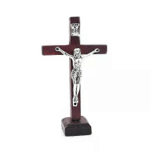 (Wine red) Wooden Catholic Jesus Cross Crucifix with Stand Religious Prayer Tabletop Decor Christian Standing Church