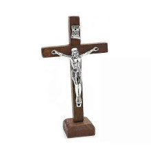 (Brown) Wooden Catholic Jesus Cross Crucifix with Stand Religious Prayer Tabletop Decor Christian Standing Church