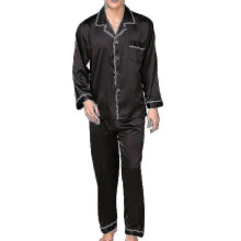 (M-Negro) Conjunto de pijama de satén sedoso para hombre, conjunto de pijama de manga larga con botones