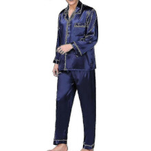 (S-Marinblå) Herrpyjamasset i silkeslen satin, långärmat pyjamasset med knappar och fickor, sovkläder,