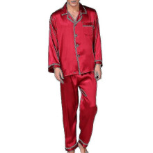 (XL-Röd) Herrpyjamasset i siden, långärmat pyjamasset med knappar och fickor, sovkläder, loungekläder
