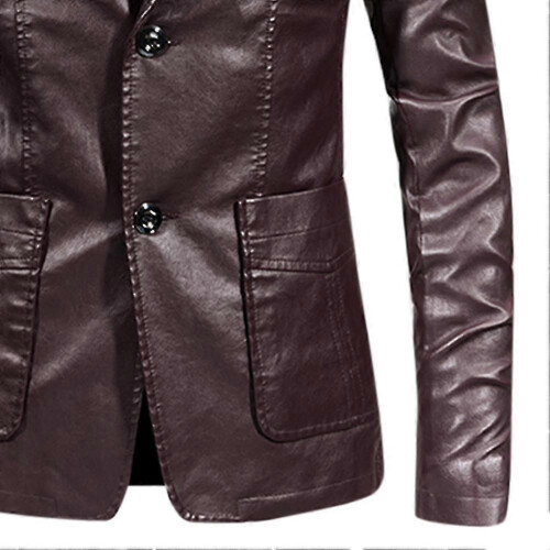 (M, Red) Men's Casual Solid Color Slim Fit Notched Lapel Two Button Pu Leather Blazer Jacket 1