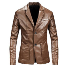 (4XL, Khaki) Men's Casual Solid Color Slim Fit Notched Lapel Two Button Pu Leather Blazer Jacket