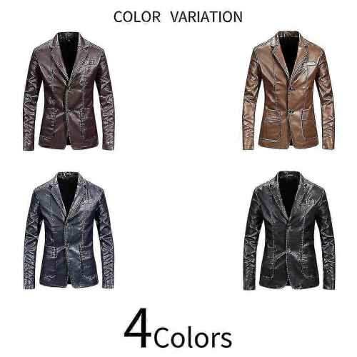 (M, Red) Men's Casual Solid Color Slim Fit Notched Lapel Two Button Pu Leather Blazer Jacket 2