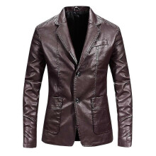 (L, Red) Men's Casual Solid Color Slim Fit Notched Lapel Two Button Pu Leather Blazer Jacket