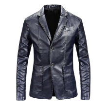 (L, Navy) Men's Casual Solid Color Slim Fit Notched Lapel Two Button Pu Leather Blazer Jacket