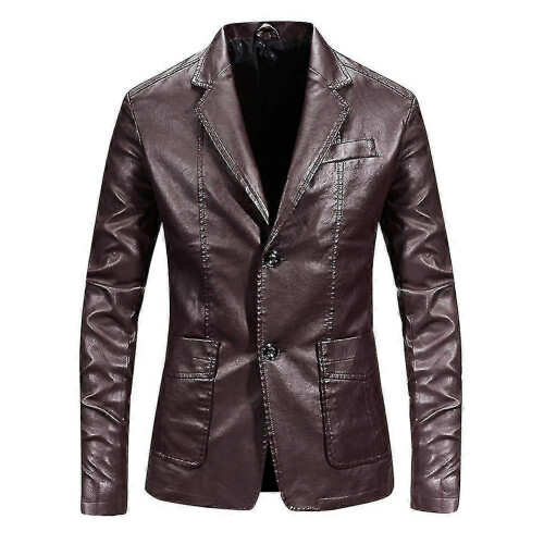 (M, Red) Men's Casual Solid Color Slim Fit Notched Lapel Two Button Pu Leather Blazer Jacket