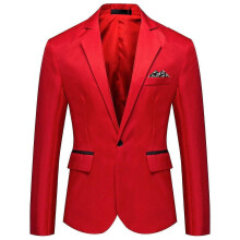 (S, Red) Mens Business Casual One Button Notched Lapel Solid Color Suit Jacket