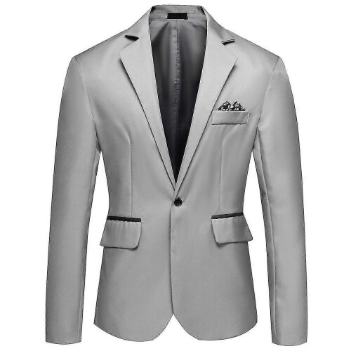 (M, Grey) Mens Business Casual One Button Notched Lapel Solid Color Suit Jacket