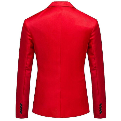(M, Red) Mens Business Casual One Button Notched Lapel Solid Color Suit Jacket 1