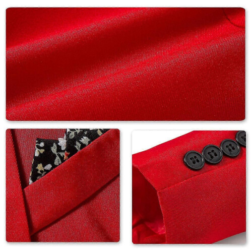 (M, Red) Mens Business Casual One Button Notched Lapel Solid Color Suit Jacket 2