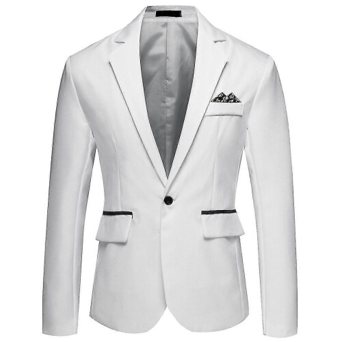 (M, White) Mens Business Casual One Button Notched Lapel Solid Color Suit Jacket