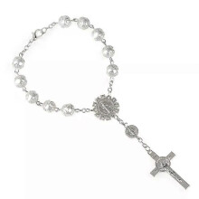 (Silver) New Religious Rosary Bracelet For Women Fashion Cross Charm 8MM Glass Beaded Chain Bracelet Men Prayer