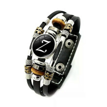 Pulsera retro con iniciales de la A a la Z, ajustable, de cuero, doble cara, hecha a mano, tipo cuerda,
