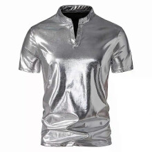 (M)Herr T-shirt Henry Neck Slim Fit Stand Collar V-ringad Kortärmad Sommar-T-shirt Herr Glansig Ljus