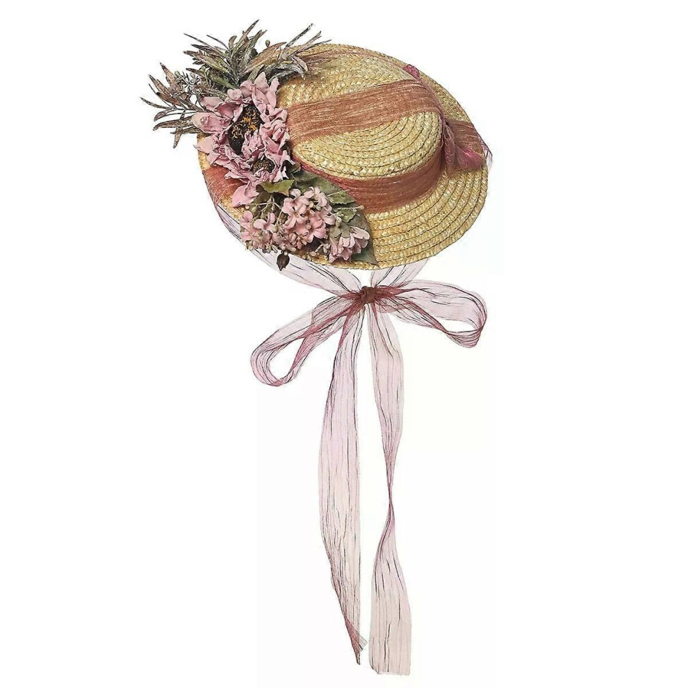 Pink (Pink) Handmade Women Flat Straw Hat Vintage Style Victorian Ribbon Bonnet Cap