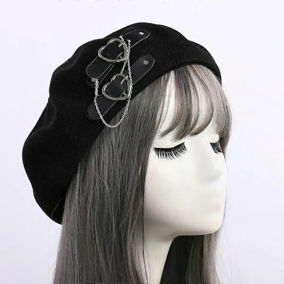 Black (United States) Punk Beret For Girls Women 56Cm Head Preppy Style Breathable Gothic Lolita Jk Hat Beanie