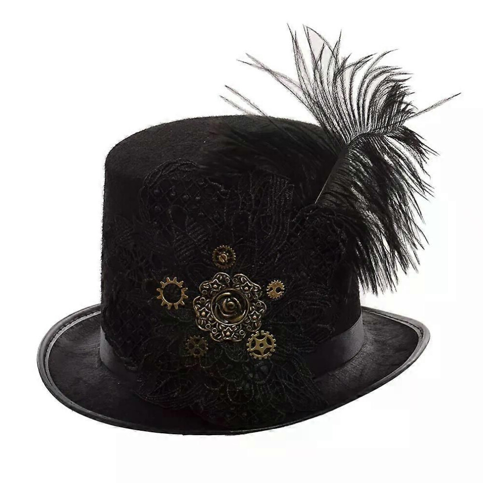 Black (59-61Cm Head) Goth Hat Men Vintage Fedora Gear Lace Top Steampunk Hat