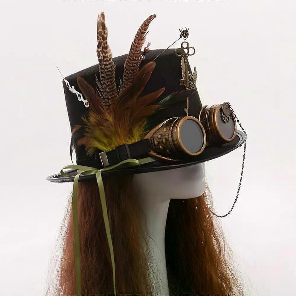 Black (56-58Cm Head) Steampunk Hat Men Women Goggles Feather Gears Head Wear Goth Lolita Fedoras Top Hats