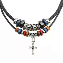 (Kors)Vintage Tribal Style Boho Läderhalsband Hippie Dubbelskiktat Flätat Pärlkorshänge
