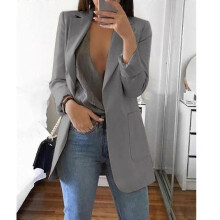 (5XL-Grau) Damen Revers Arbeitsbüro Blazer Jacke Lässige Langarm Oberbekleidung Hüftlänge