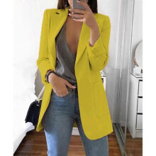 (S-Gelb) Damen Revers Arbeit Büro Blazer Jacke Casual Langarm Oberbekleidung Hüftlänge