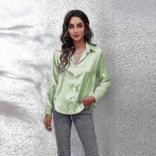 (s-verde chiaro) Camicia in raso da donna, camicia a maniche lunghe in raso e rayon, nuova