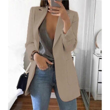 (M-Khaki) Damen Revers Arbeitsbüro Blazer Jacke Lässige Langarm Oberbekleidung Hüftlänge