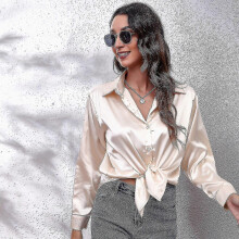 (s-champagne)Camicia in raso da donna Camicia a maniche lunghe in raso di rayon Nuova